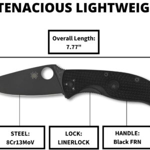 Spyderco Tenacious Lightweight EDC Folding Utility Knife - 3.39" Black Stainless Steel Blade, Black FRN Handle, PlainEdge - C122PBBK