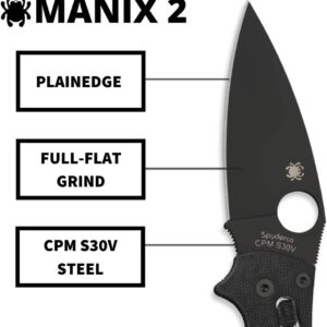 Spyderco Manix 2 Signature Knife with 3.37" CPM S30V Black Steel Blade and Durable Black G-10 Handle - PlainEdge - C101GPBBK2