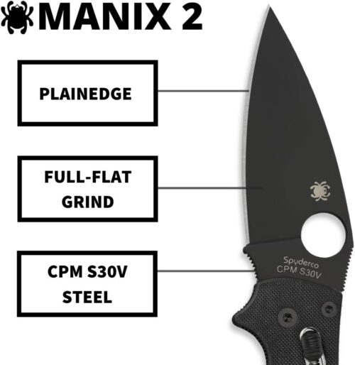 Spyderco Manix 2 Signature Knife with 3.37" CPM S30V Black Steel Blade and Durable Black G-10 Handle - PlainEdge - C101GPBBK2