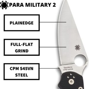 Spyderco Para Military 2 EDC Folding Utility Knife - 3.42" CPM S45VN Steel Blade and Durable G-10 Handle, PlainEdge - C81GP2