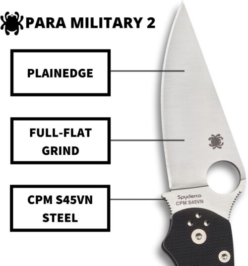 Spyderco Para Military 2 EDC Folding Utility Knife - 3.42" CPM S45VN Steel Blade and Durable G-10 Handle, PlainEdge - C81GP2