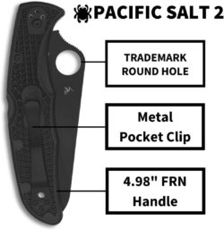 Spyderco Pacific Salt 2 Lightweight Knife with 3.78" Corrosion Resistant H-1 Steel Blade and Black Non-Slip FRN Handle