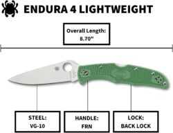 Spyderco Endura 4 Lightweight Signature Knife with 3.80" VG-10 Steel Blade and Green FRN Handle - PlainEdge - C10FPGR