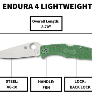 Spyderco Endura 4 Lightweight Signature Knife with 3.80" VG-10 Steel Blade and Green FRN Handle - PlainEdge - C10FPGR