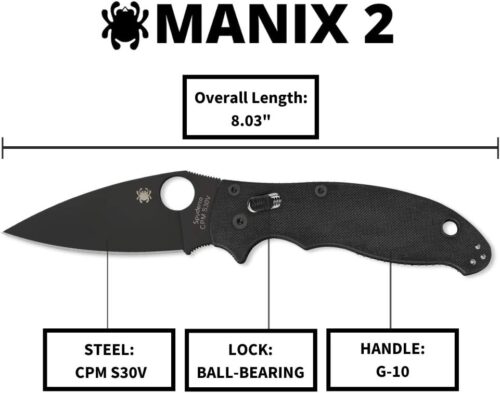 Spyderco Manix 2 Signature Knife with 3.37" CPM S30V Black Steel Blade and Durable Black G-10 Handle - PlainEdge - C101GPBBK2