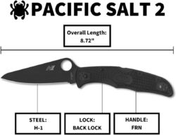 Spyderco Pacific Salt 2 Lightweight Knife with 3.78" Corrosion Resistant H-1 Steel Blade and Black Non-Slip FRN Handle