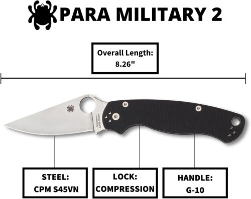Spyderco Para Military 2 EDC Folding Utility Knife - 3.42" CPM S45VN Steel Blade and Durable G-10 Handle, PlainEdge - C81GP2